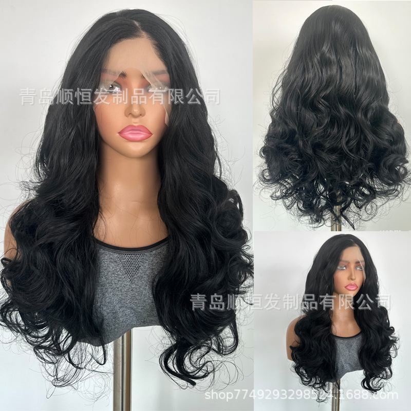 European and American Style Long Curly Wig with Front Lace 13*4 Hand-Woven Natural Black Fluffy Curly Hair Fashion Wavy Synthetic Fiber Wig