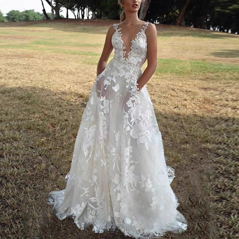 2025 European and American Women's Tutu Dress Lace Bridal Wedding Dress Amazon Sexy White Sling Bridesmaid Dress