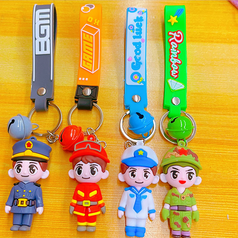 Cartoon Police Keychain in Stock Traffic Police Firefighter Car Keychain Creative Soft Rubber Gift Bag Pendant