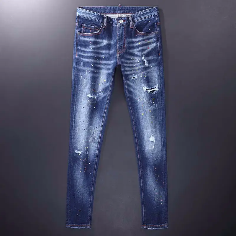 Fashion New High Street Trendy Brand Men's Jeans Blue Slim Fit Elastic Ripped Painted Craft Casual Jeans