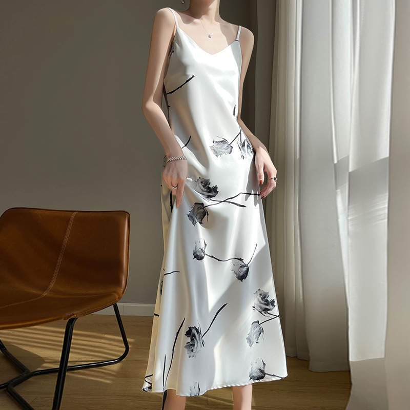 2025 French Style Floral Print Silk Satin Sling Base dress Women's Printed Elegant Lady Sleeveless Midi Dress