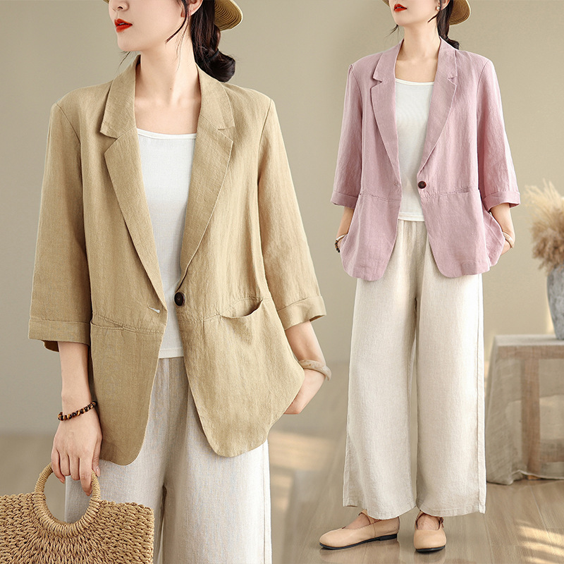 Artistic Retro Cotton-Linen Three-Quarter Sleeve Blazer for Women, Casual Solid Color Cotton-Linen Suit Jacket, New Summer 2026 Model