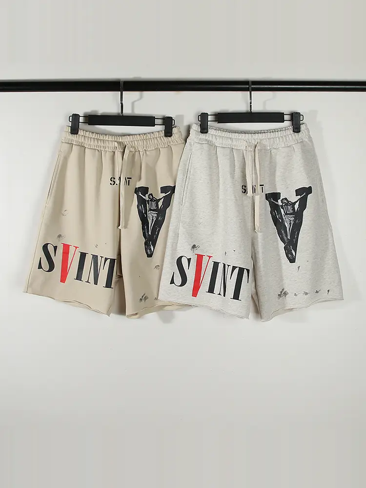 Saint Joint Model Religious Washed and Distressed V-Shaped Print Loose Summer Casual shorts Men and Women Couple Five-Quarter Pants