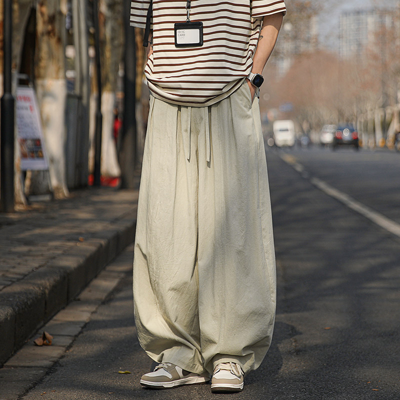 Men's Cotton and Linen Pants, Summer Thin Loose Wide-Leg Pants, Plus Size Harem Pants, Straight Casual Long Pants
