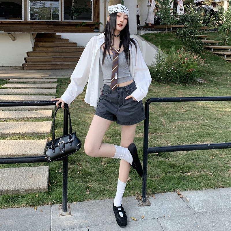 【Co】Washed-Out Dark Gray Straight-Leg Jeans, Stylish High-Waisted Casual Shorts, Women's A-Line Wide-Leg Jeans, Cotton