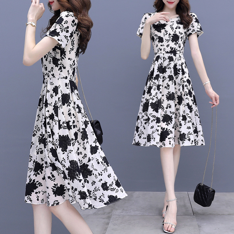 Middle-aged mother floral dress high waist temperament short sleeve fashion casual sweet little summer cross-border skirt