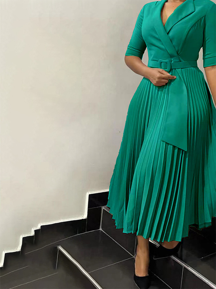 C8599 foreign trade 2024 autumn and winter new women's OL fashion suit collar pleated waist plus size African dress