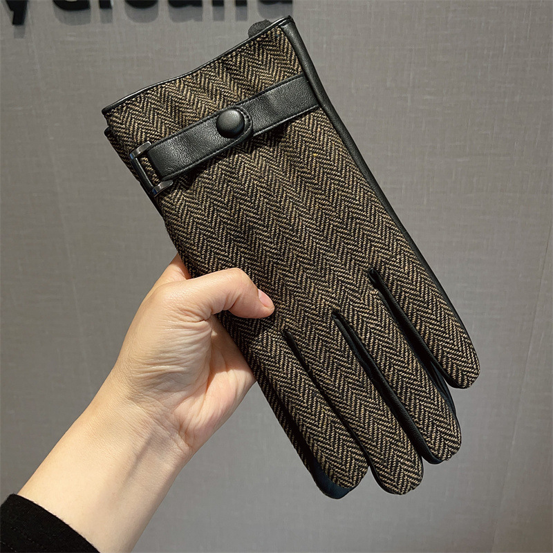 Men's Autumn and Winter Leather Patchwork Plaid Warm Gloves Plus Velvet Thickening Coldproof Waterproof Anti-Pilling Wholesale