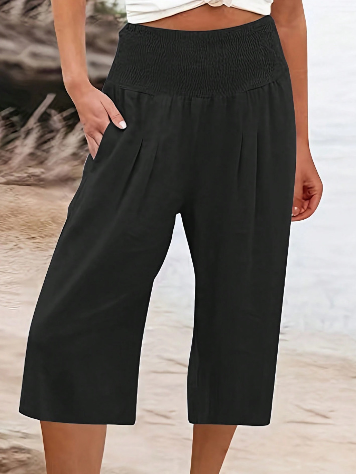 2026 Summer Amazon European and American Women's Fashion Cross-Border Cotton and Linen Cropped Waist Cinch Pocket Thin Wide-Leg Pants for Women