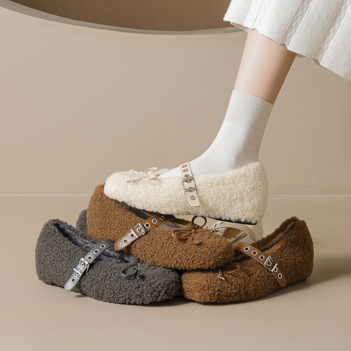 Waiwai Girl 350-1 Bowknot Inner Height Increase Furry Shoes Flat Cotton Shoes Mary Jane Ballet Shoes for Women