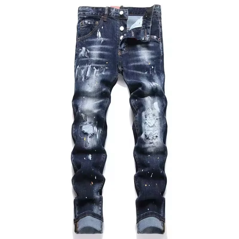 Foreign trade men's jeans with blue distressed fabric, embroidered badge, slim fit, mid waist, casual small feet, and slightly elastic men's pants