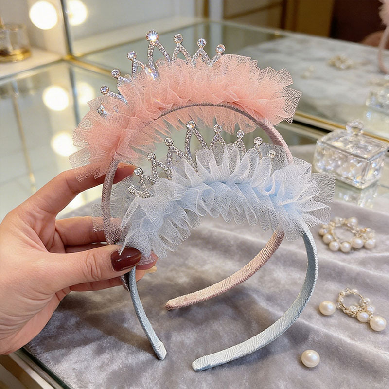 Children's crown headband quality rhinestone mesh headband girls' birthday accessories gauze dress Princess hairpin headdress wholesale