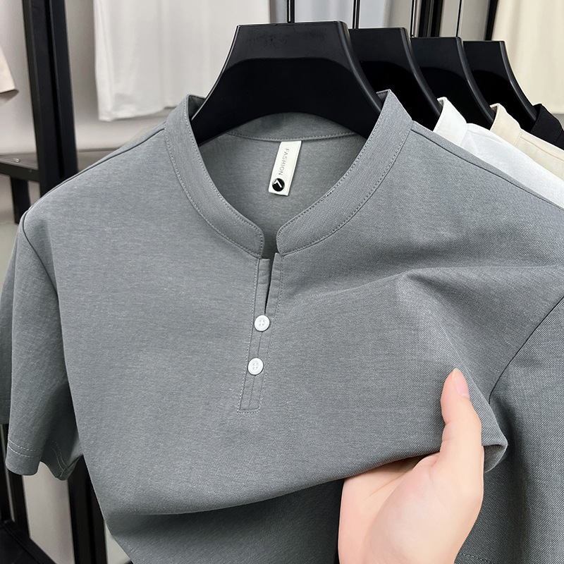 High-Quality V Neck Men's T-Shirt Short-Sleeved Button Summer Cotton and Linen Short-Sleeved Middle-Aged Dad's Men's Bottoming Shirt