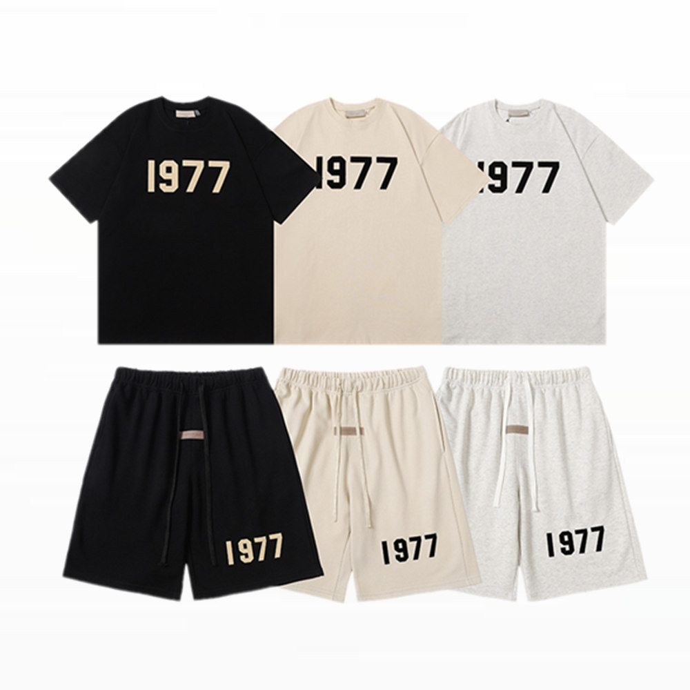 European and American Trendy Brand Essentials 1977 Velvet Terry Shorts and Short-Sleeve T-Shirt, Unisex Loose-Fitting Five-Point Shorts