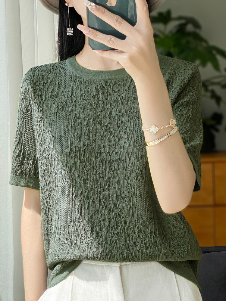 Three-dimensional Jacquard Ice Silk Knitted Short-sleeved Women's Round Neck Loose Slimming Summer Thin Cool Half-sleeved Top Base T-shirt