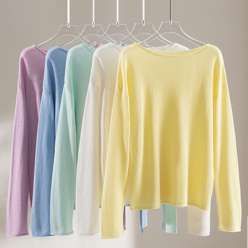 2026 Spring/Summer New Style Loose Wide Collar Cool Feeling Washi Yarn Casual Short Raglan Knit Sweater