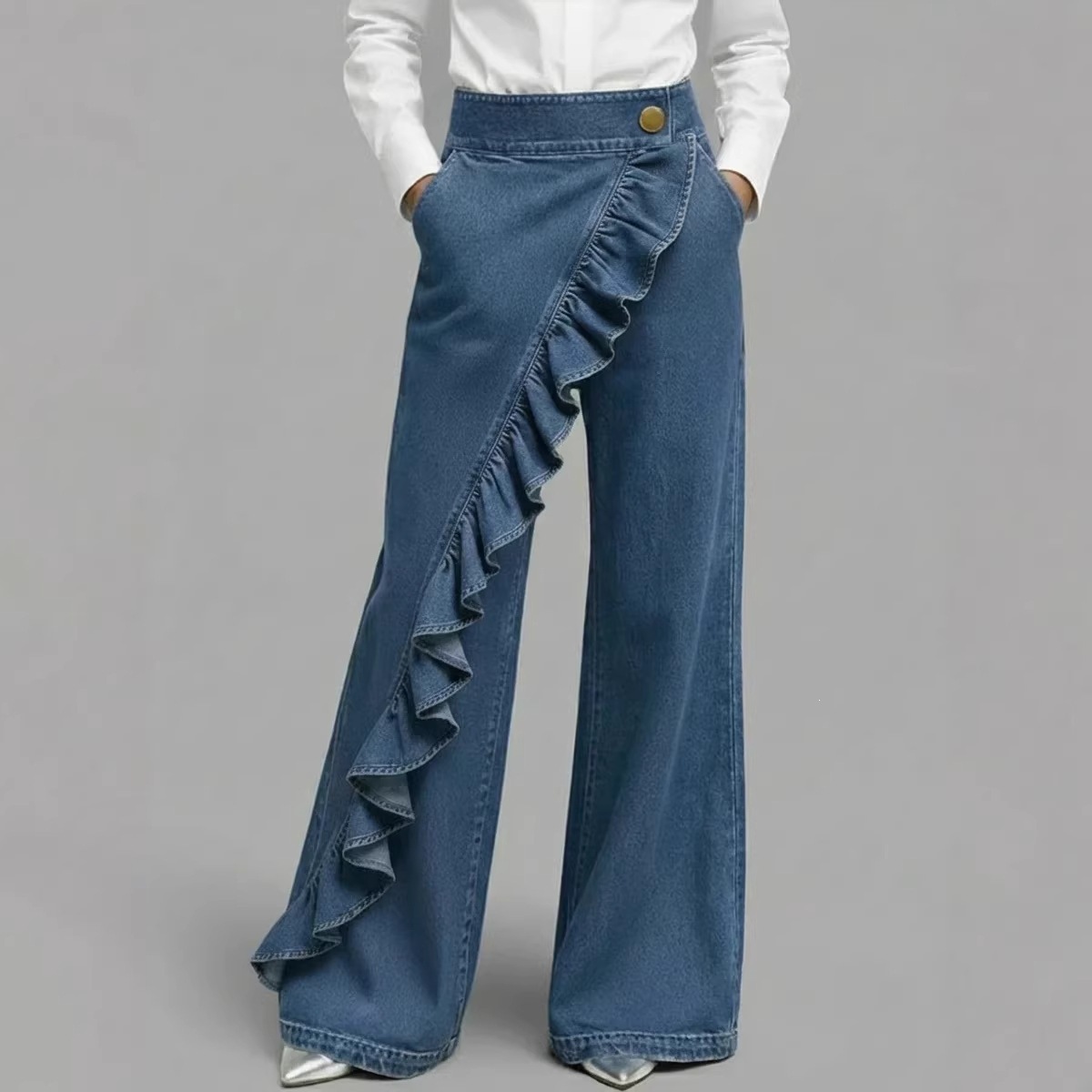 2026 Cross-Border Foreign Trade Women's Clothing Independent Site Amazon Retro Irregular High-Waisted Printed Faux Denim Women's Pants