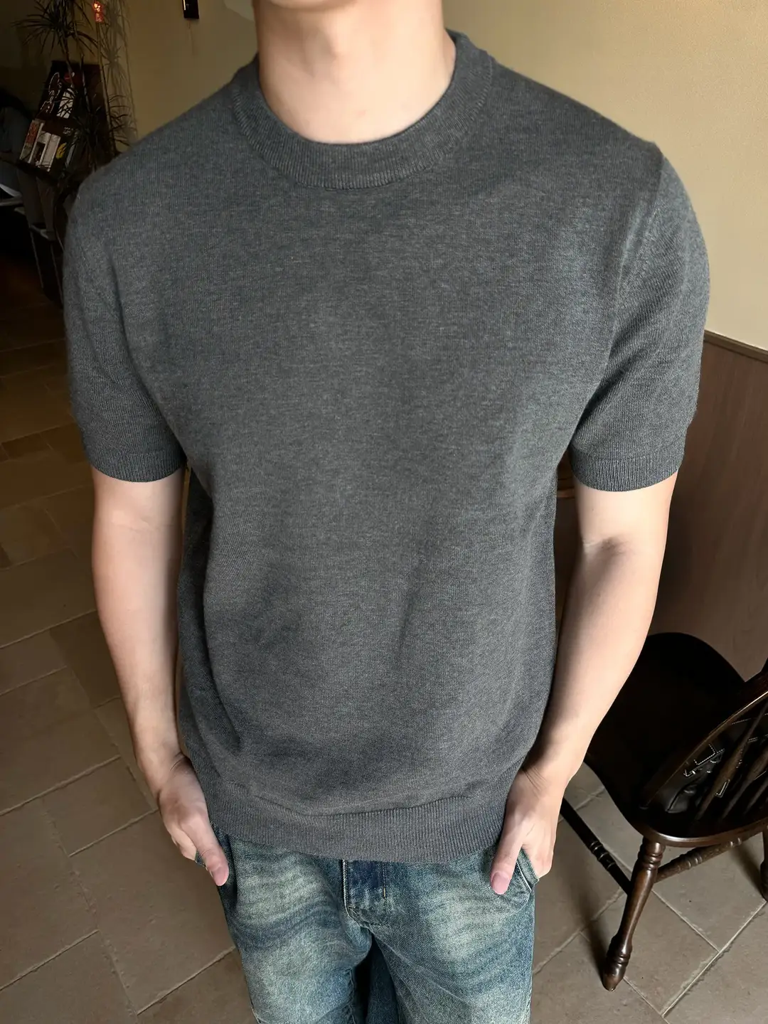 Nicethat Old Money Style Lyocell Tencel High-Bottom Exquisite Round Neck Knitted Short-Sleeved T-Shirt Bottoming Spring and Summer Men