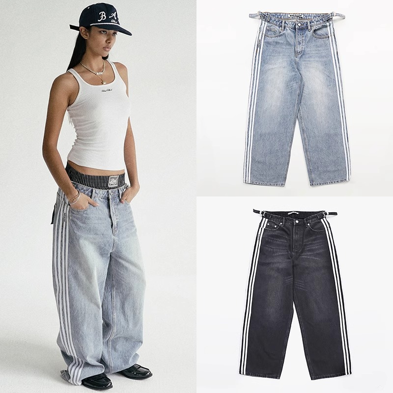 Korean Badblood Bcac Series Sports Straight Casual Pants Niche Washed Distressed Jeans for Women