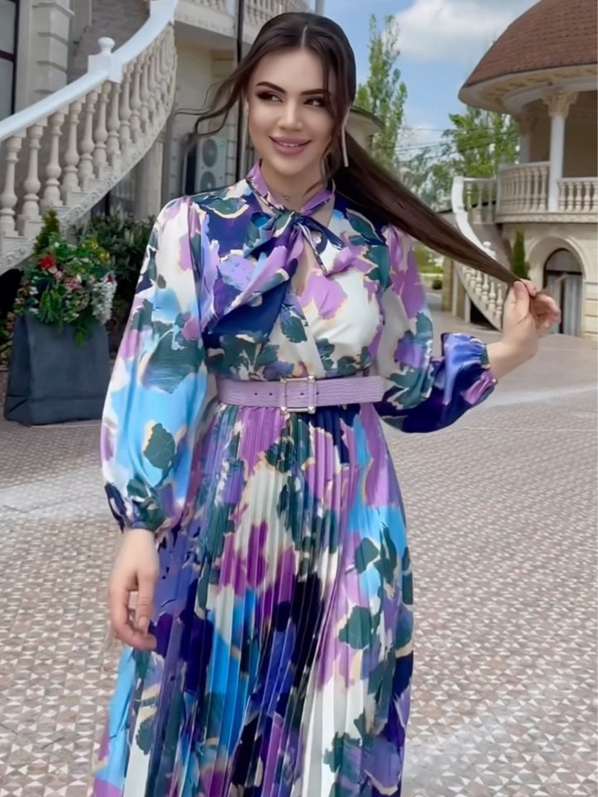 European Amazon 2026 Spring New Style Scarf Collar Elegant Puff Sleeve Waist-Cinching Printed Design Dress