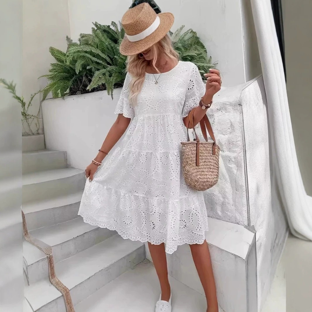 2026 New Cross-Border European and American Amazon Solid Color Lace Dress with Hollow-Out Casual Design