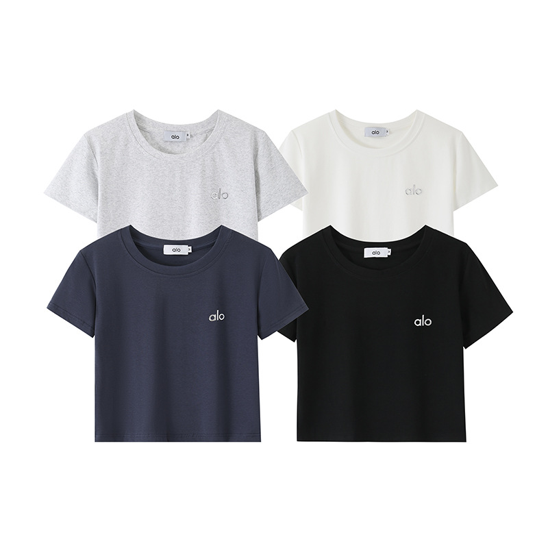 In-Stock 2025 Summer New Alo Basic Letter Short-Sleeve T-Shirt for Women, Slim Fit Versatile Hot Girl Round Neck Top, Cotton