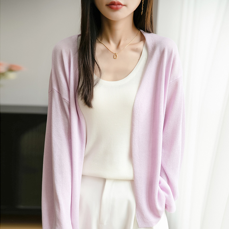 Summer New V Neck Long-Sleeved Knitted Cardigan Women's Thin Pure Color Loose Bamboo Linen Shawl Slim Outwear Top