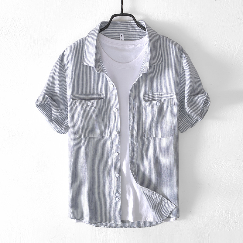 1652 Summer Cotton Linen Japanese Style Fresh Striped Shirt Men's Short-sleeved Casual All-match Lapel Distinctive Cardigan Shirt