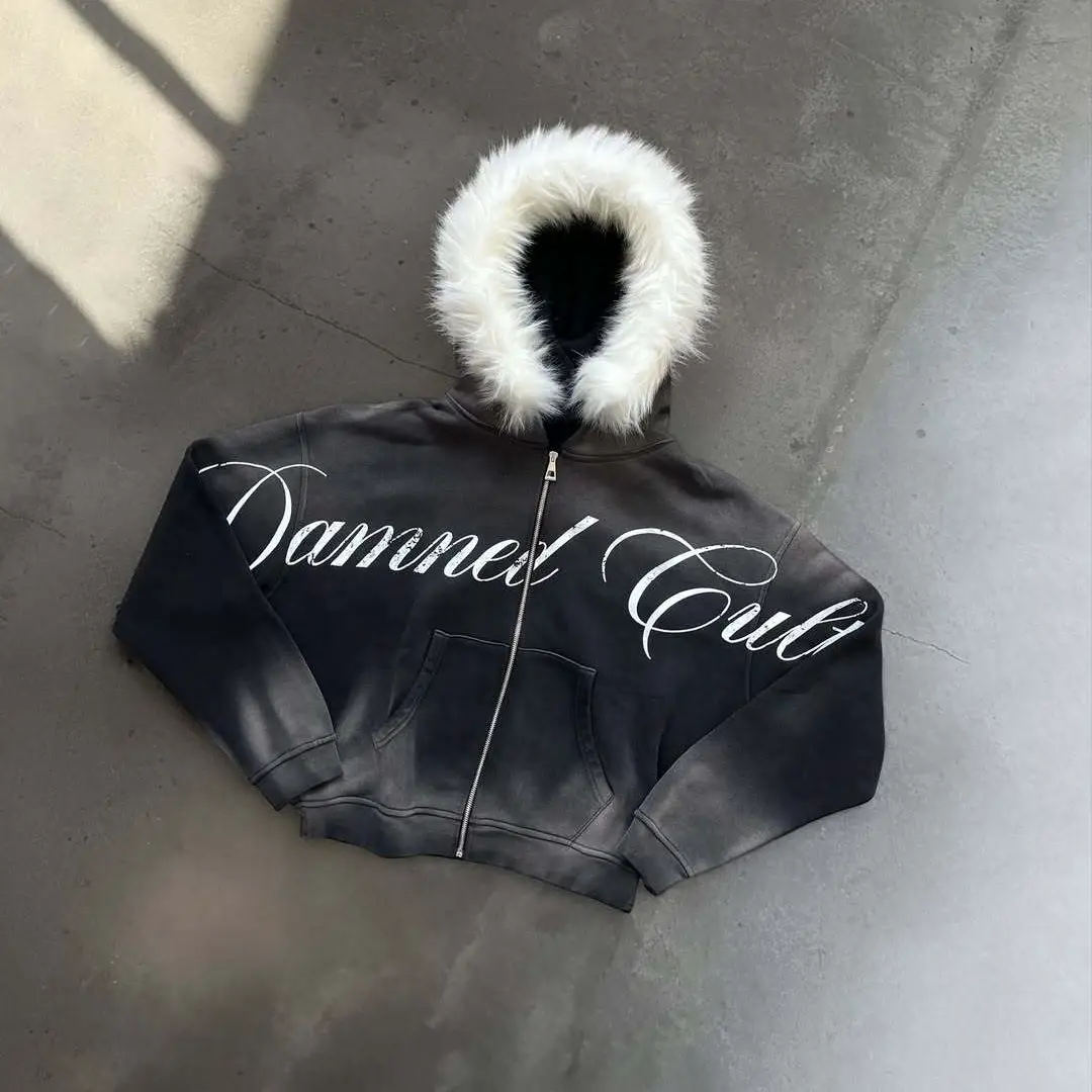 European and American Cross-Border Fashion Distressed Pure Black Faded Retro Style Letter Print Fleece Hat Ins Style Sweatshirt Jacket