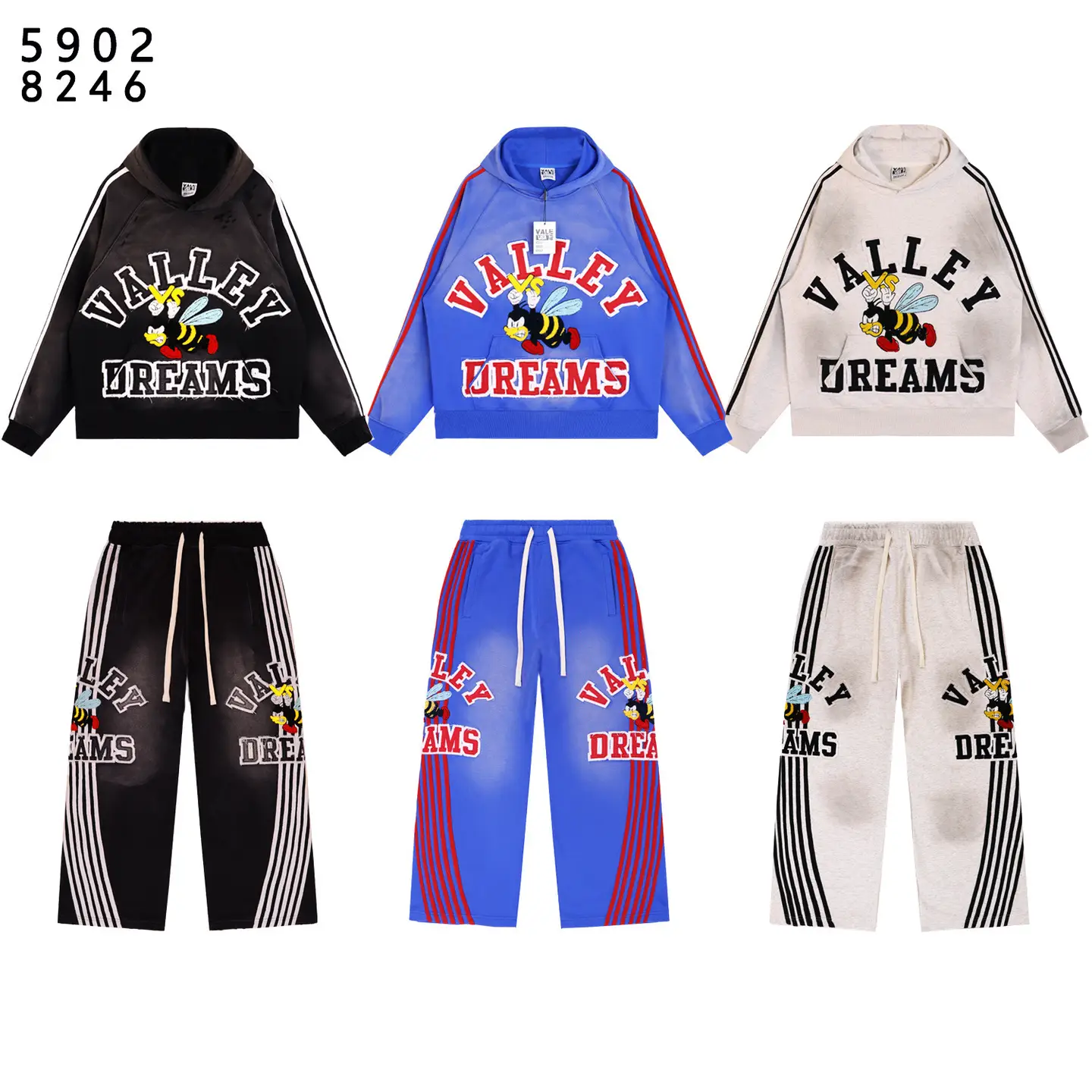 Vale Forever Anthem Bee Loose Striped Embroidered Washed Frayed Hooded Sweatshirt Set