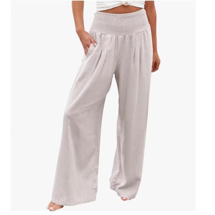 Amazon Spring and Summer European and American Women's Clothing Solid Color Cotton and Linen Loose Flared Casual Beach Vacation Long Pants Women's Clothing