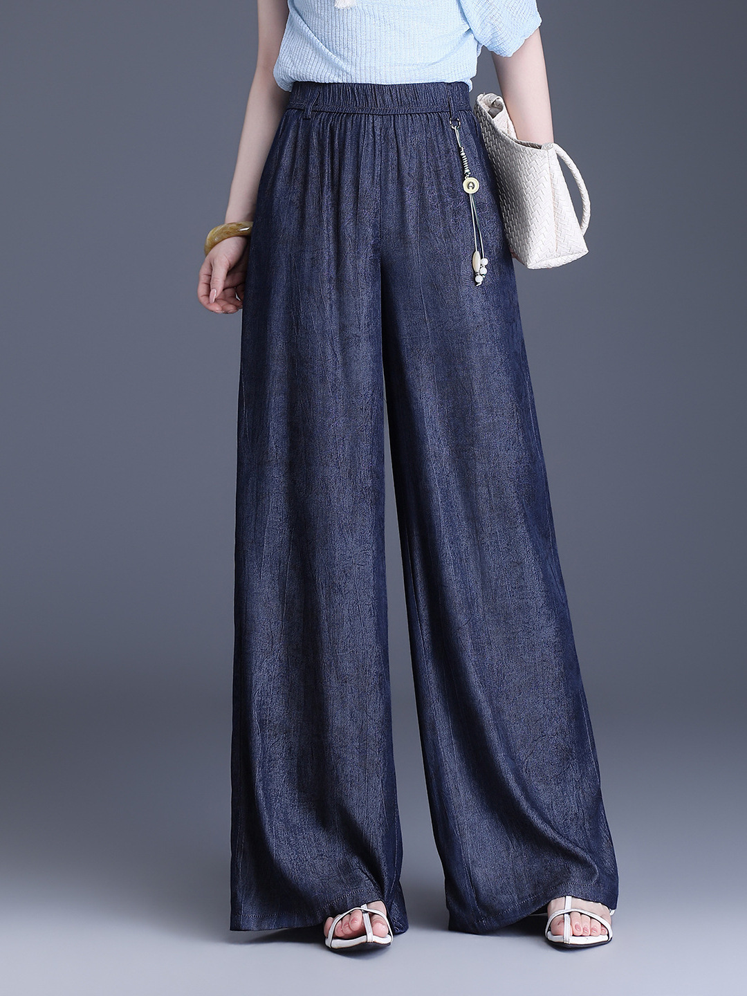 Trendy Plus-Size Tencel Denim Wide-Leg Pants for Women, 2026 Summer New Style, Simple and Fashionable, Drapey Loose Casual Pants