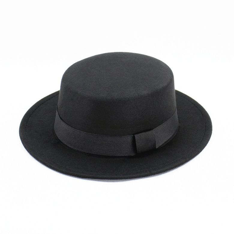 Hat Women's Korean-style Woolen Top Hat Autumn and Winter Black Vintage Gentleman British Style Flat Top Bow Top Hat Felt Hat