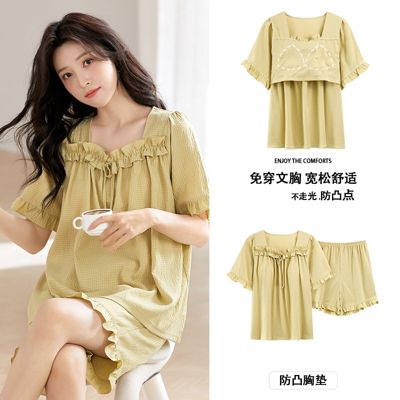 2025 New Arrival Pajamas Women's Summer Short Sleeve Belt Integrated Chest Pad Princess Style Floral Collar Loose Home Clothes suit