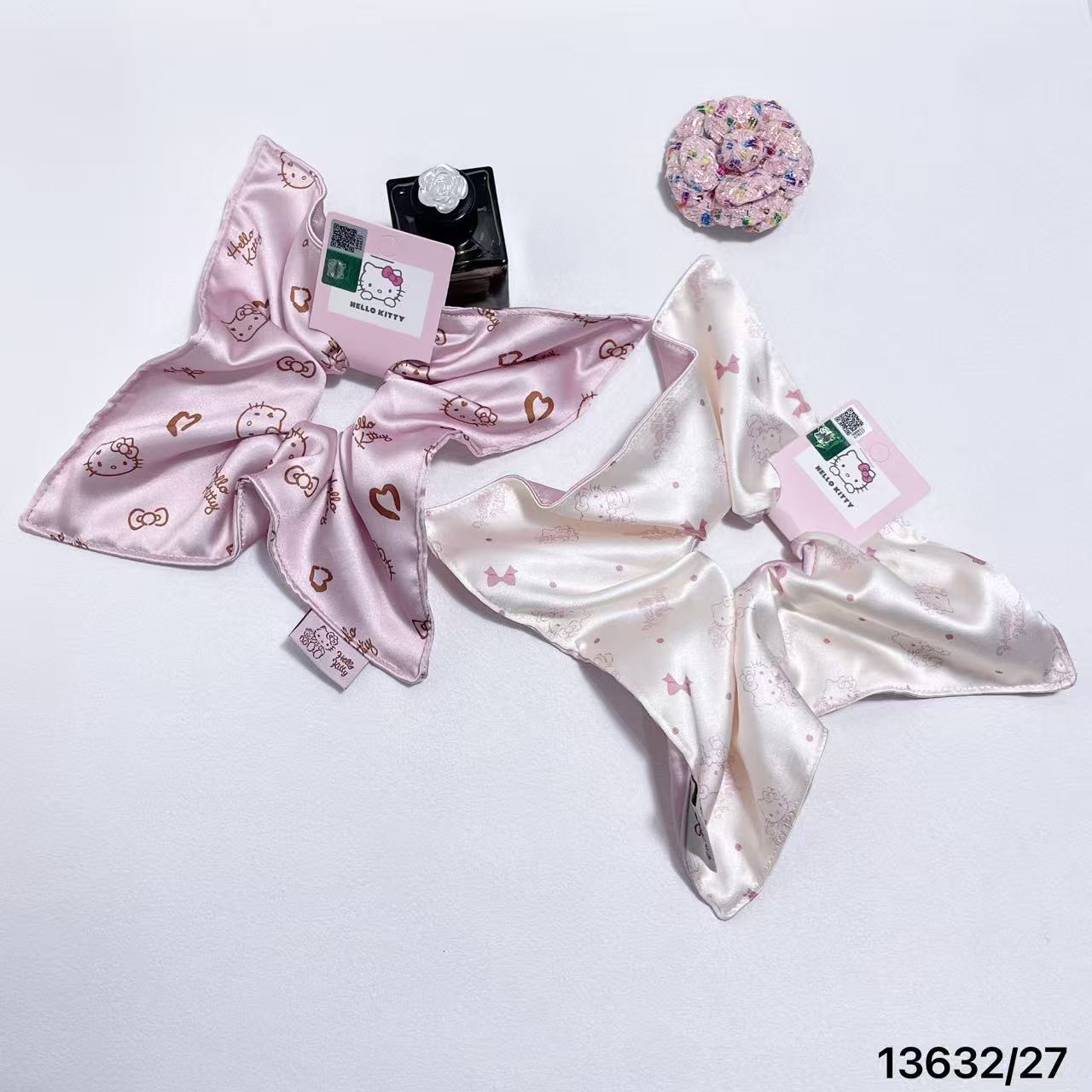 Officially Licensed Hello Kitty Pink Pearl White Glossy Satin High-End Square Scarf Scrunchie 1363