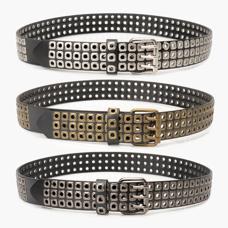 European and American Belt Men's and Women's Neutral Trendy Extra Dark Style Hollow Rivet Belt Women's Punk Style All-match Jeans Belt
