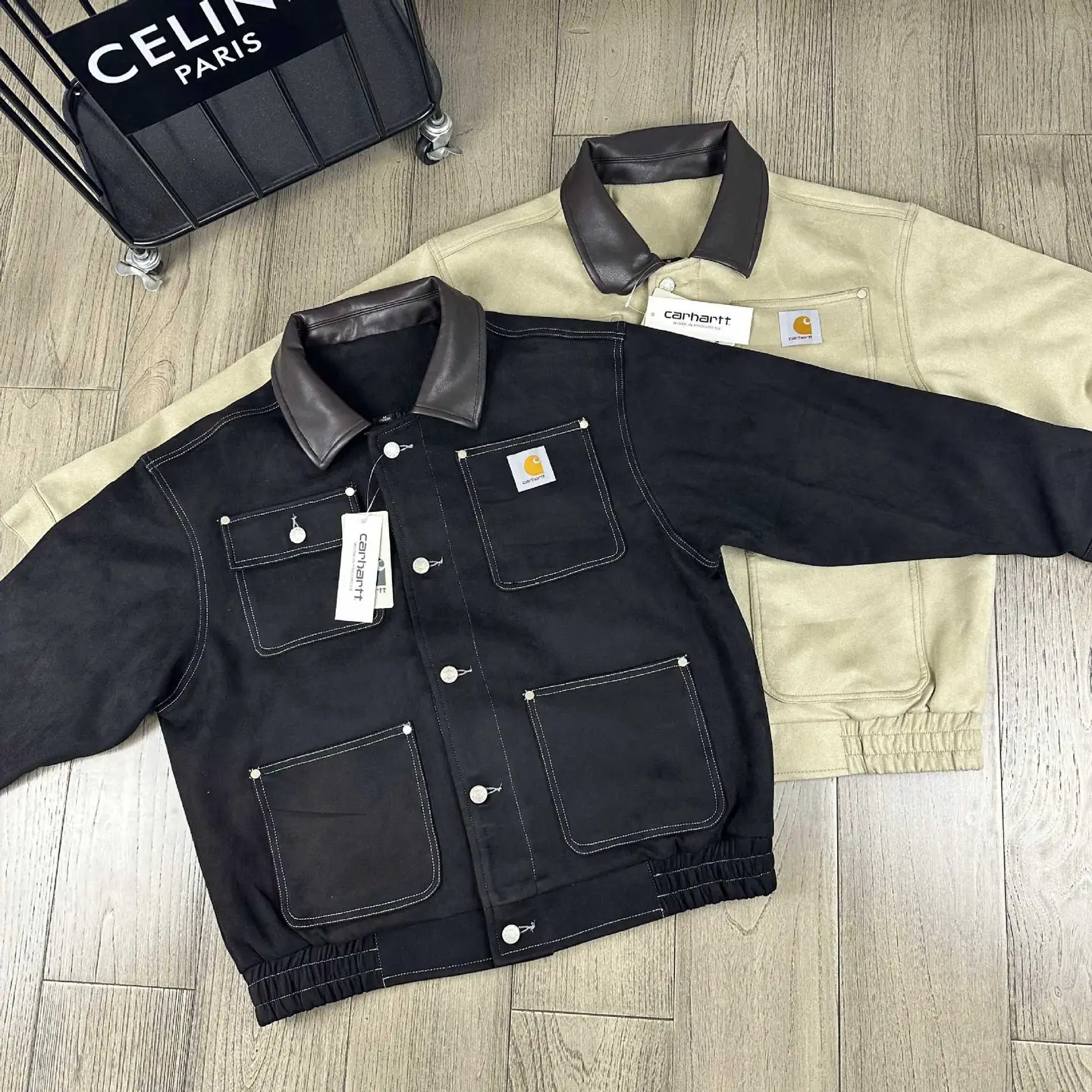 Car American Retro Suede Classic Logo Label Multi-Flap Pocket Pants Motorcycle Workwear Lapel Jacket Trendy