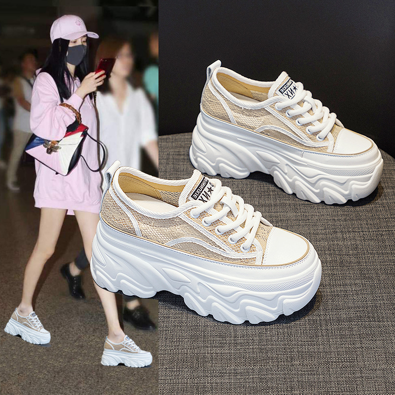 2026 Summer New Lace Mesh Breathable Women's Shoes Round Toe Lace-Up Platform Shoes Height-Increasing Casual Shoes Women's Trend