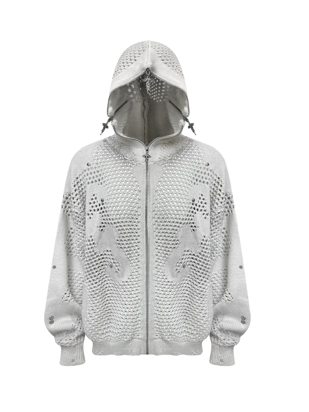 Th4Swe 2025 New Autum Knight Hole Mud-Dyed Cardigan Cut Out Mesh Heavy Hooded Sweater