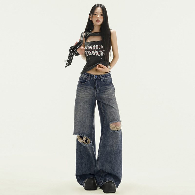 American Retro Ripped Wide Leg Jeans Women's 2025 Spring and Summer New Straight Loose High Waist Slim-Fit Mopping Pants