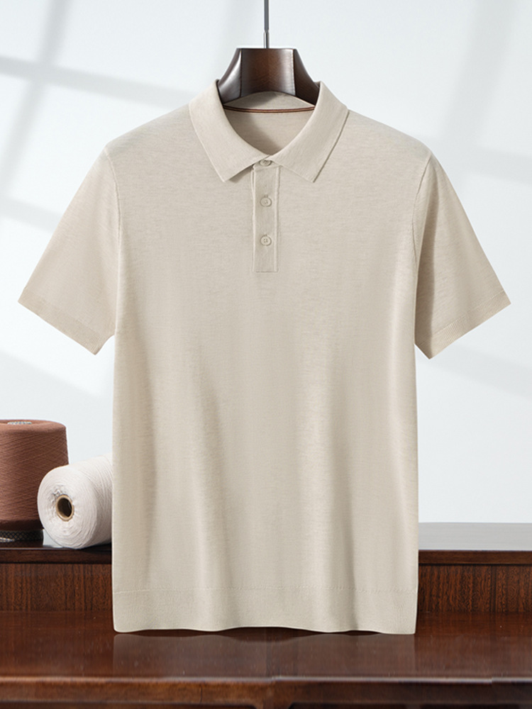 Cross-Border Worsted Tencel Knitted Thin Men's Shirt Collar Short-Sleeved T-Shirt Casual Lapel Polo Shirt Half-Sleeved Wholesale