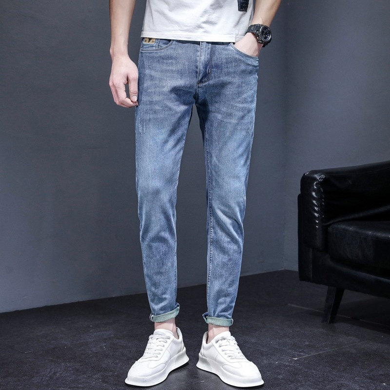 Weihua Early Autumn Men's Trendy Brand Slim-Fit Light Blue Cropped Jeans for Teenagers Casual Wear
