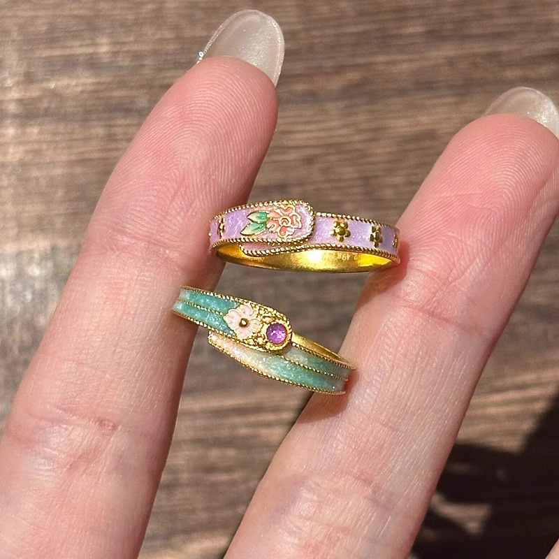 Retro New Chinoiserie Enamel Drop Glaze Printed Ring Ancient Burnt Blue Niche Versatile Index Finger Ring