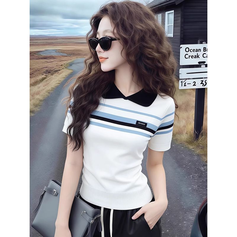 2026 Summer New Casual Style Color-Block Striped Turn-Down Collar Short-Sleeve Knit Top Women's Korean Style Slimming T-Shirt