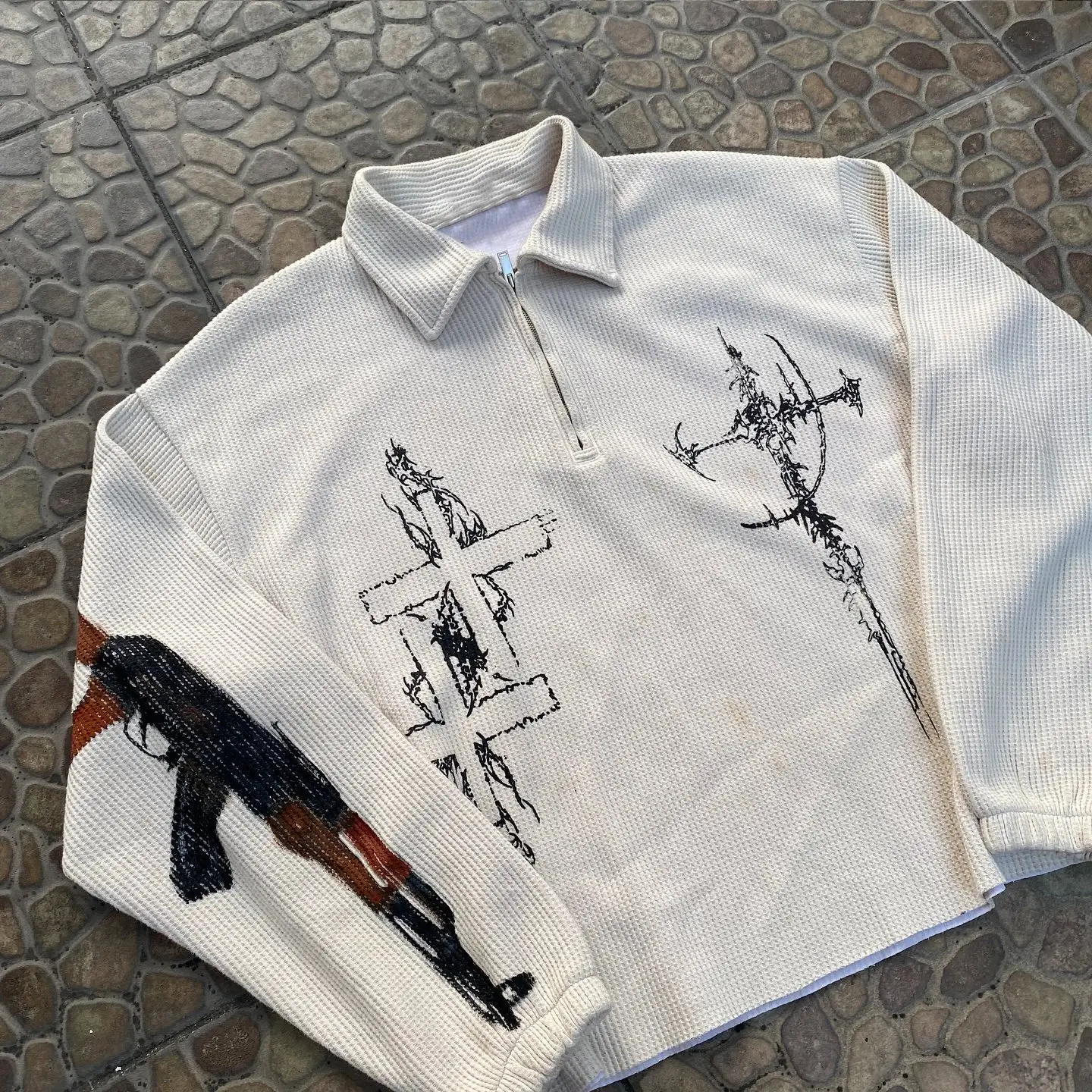 90s90s90s 荆棘十字潮牌设计感小众创意街头百搭休闲长袖Polo衫