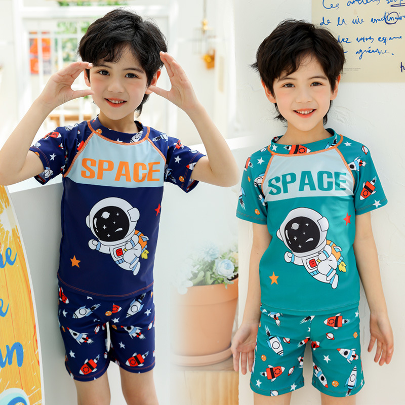Children's Swimwear Boys' Swimwear Split Small Middle and Large Children Student Boys Astronaut Short-sleeved Swimwear Swimsuit Swimming Trunks suit