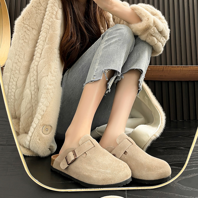 Grape mom's same genuine leather bokenes women's slip-on warm plush slippers women's outer wear closed toe half slippers slippers