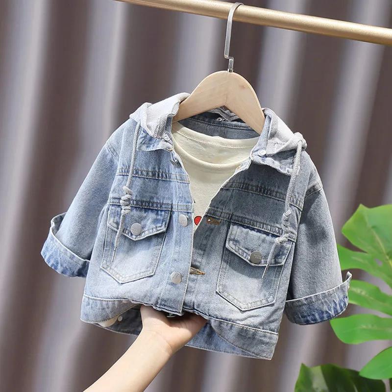 Boys and Girls Spring & Fall Jackets Baby Fashionable Kidsren's Stylish Trendy Brand Korean Cartoon Hooded Fake Two-Piece Denim Jacket