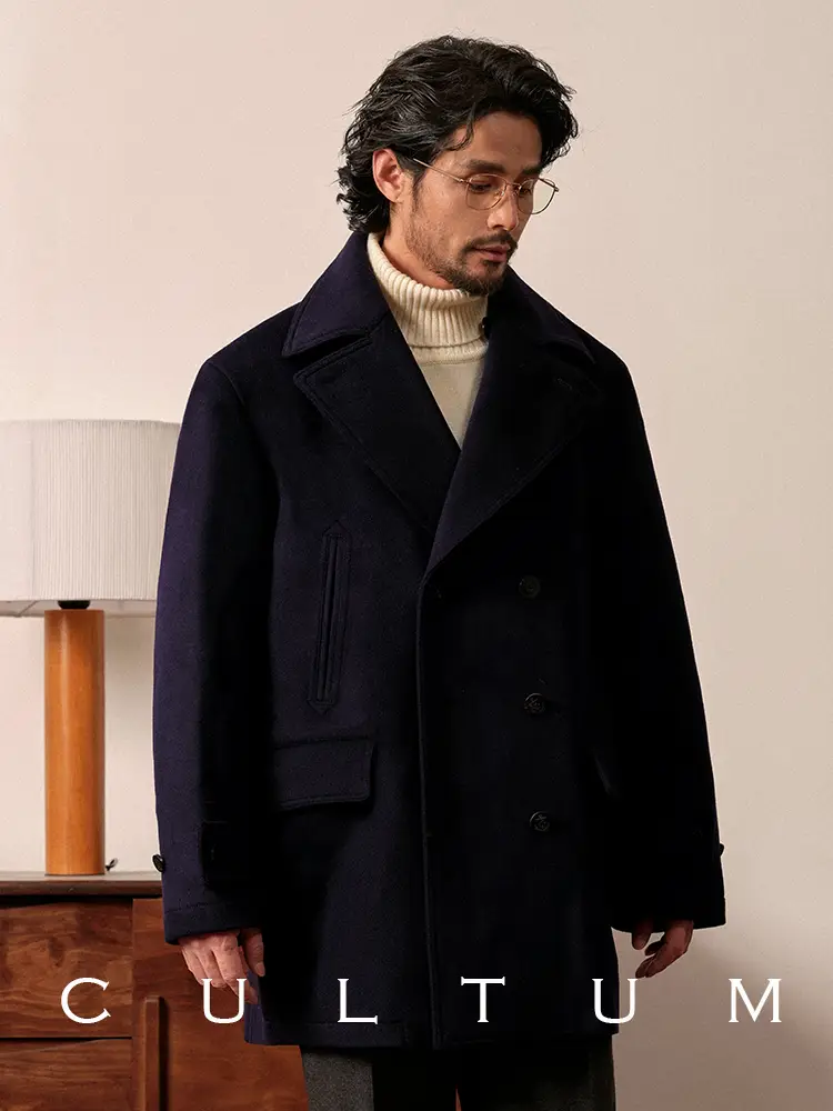 Cultum Heavyweight 880g 100% Wool Vintage Navy Coat for Men, Double-Breasted, Thickened Woolen Overcoat for Winter