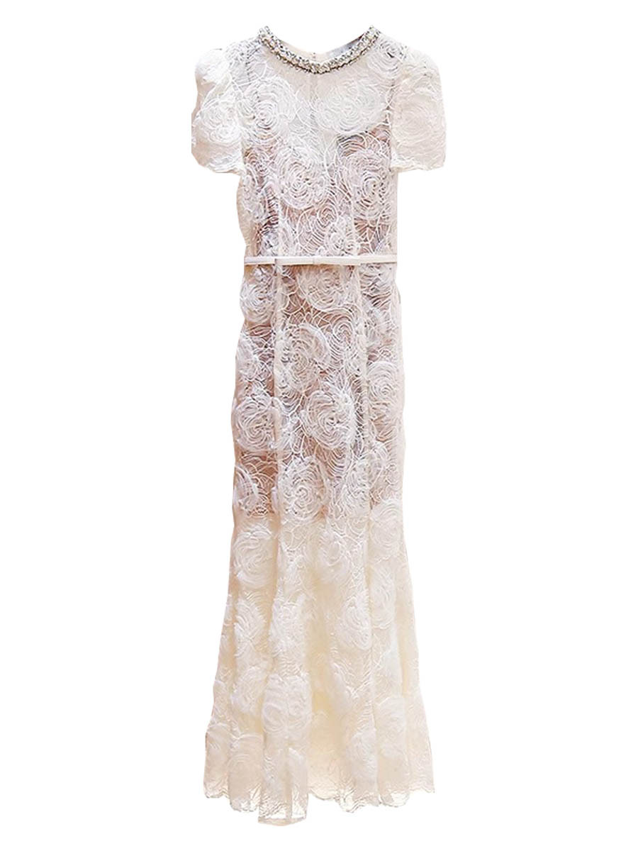 Sp2025 Summer New Lace See-Through Long Dress Rhinestone Round Neck Short-Sleeved Waist Long Skirt